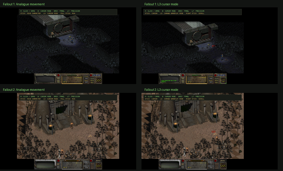 Fallout 1 and Fallout 2 gameplay comparison showing direct analogue movement and the optional L3 cursor mode
