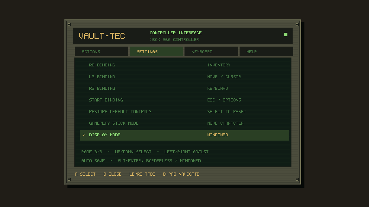 Fallout-style controller settings page with button bindings, gameplay stick mode, and borderless display mode