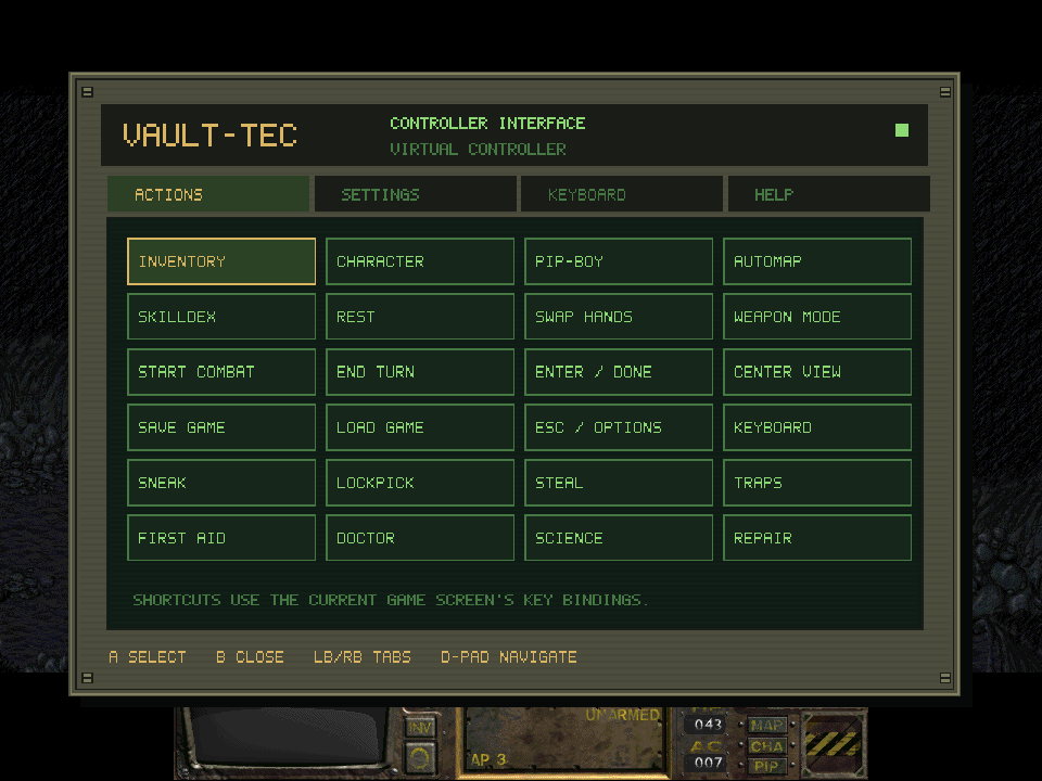 Fallout-style controller interface showing shortcuts for inventory, character, Pip-Boy, skills, combat, saving, and other actions